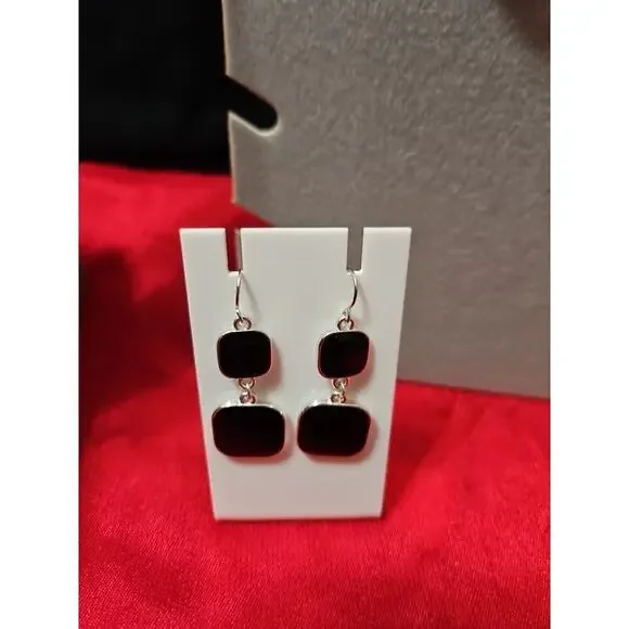 NECKLACE 8"L SILVER TONE w BLACK GLASS SQUARE STONES Paired With Black Earrings - Picture 5 of 5